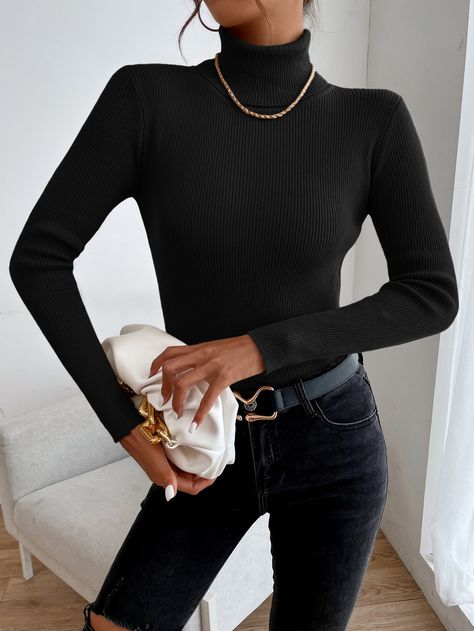 Black Elegant  Long Sleeve Viscose Plain Basic Tops Embellished High Stretch Fall/Winter Women Knitwear Slim Fit Sweater, Bodycon Floral Dress, Elegantes Outfit, Sweaters Online, Ribbed Knit Sweater, Crop Top Blouse, Basic Tops, Moda Casual, Turtleneck Sweater