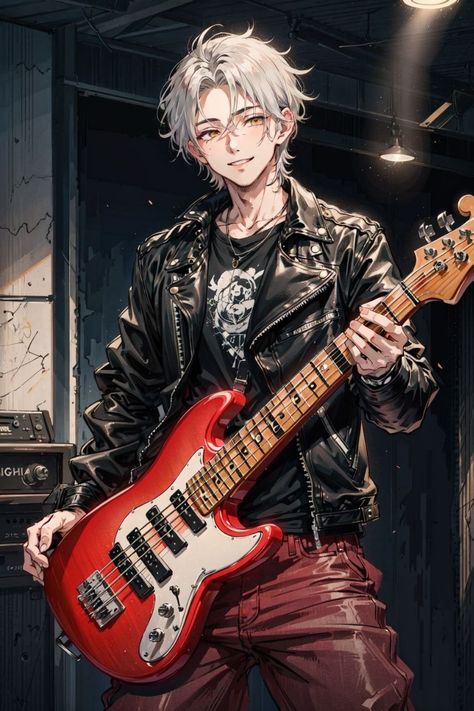 Male Singer Character Design, Anime Guy Playing Guitar, Anime Drummer Guy, Rock Band Character Design, Cyberpunk Rockerboy Art, Guitarist Drawing Reference, Rocker Character Design, Guy Playing Guitar Drawing, Punk Anime Guy