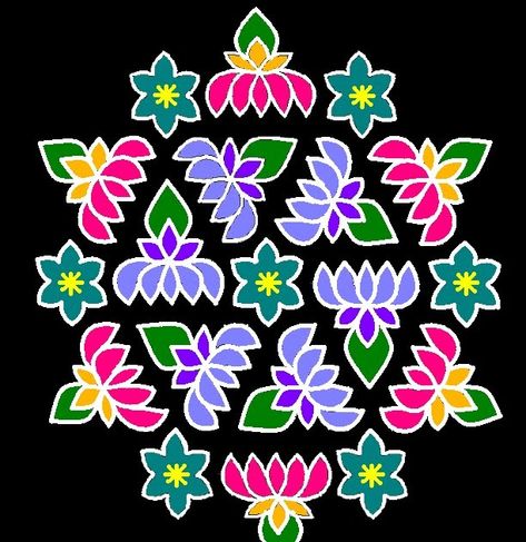 22 - 11 interlaced dots (Idukku Pulli) Kolam.   Start with 22 dots in the center and then 21 interlaced dots.  Again put 22 dots and stop a... Flower Kolam With Dots, Flower Kolam, Dot Kolam, Pulli Kolam, Easy Rangoli Designs Diwali, Rangoli Colours, Design Pattern Art, Simple Rangoli Designs Images, Colorful Images