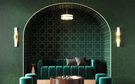 11 Colors That Go With Emerald Green: Ideal Color Companions Wallpaper In Bathroom, Upholstered Walls, Phillip Jeffries, Art Deco Interior Design, Wallpaper Bathroom, Cane Chair, Art Interior Design, Unique Color Combinations, Green Interiors