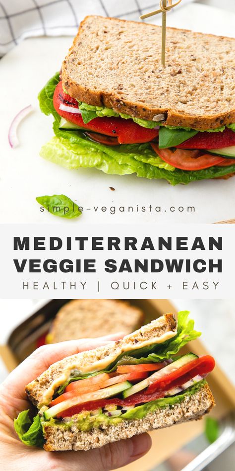 Sandwich Recipes For Lunch, Mediterranean Veggie Sandwich, Veggie Sandwich Recipes, Vegetarian Sandwich Recipes, Recipes For Lunch, I Lost 100 Pounds, Mediterranean Diet Recipes Dinners, Easy Mediterranean Diet Recipes, Plant Based Diet Recipes