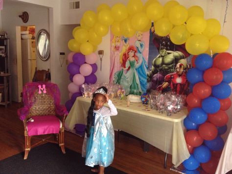 Princess vs superhero Princess And Superhero Party Ideas, Princess Superhero Party, Princess And Superhero Party, Superhero Balloons, Sibling Birthday Parties, Combined Birthday Parties, Superheroes Party, Twin Birthday Parties, Party Entrance