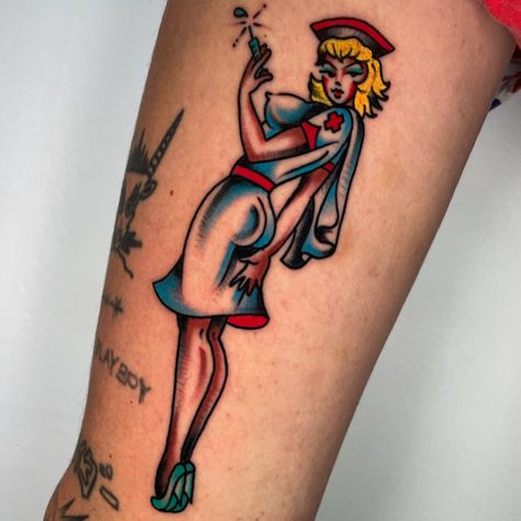 Traditional pin up nurse tattoo Nurse Pin Up Tattoo, Traditional Tattoo Nurse, Traditional Tattoo Pin Up Girl, Traditional Pinup Tattoo, Pin Up Nurse, Traditional Tattoo Pin Up, Tattoo Pin Up, Traditional Tattoo Woman, Pin Up Tattoo