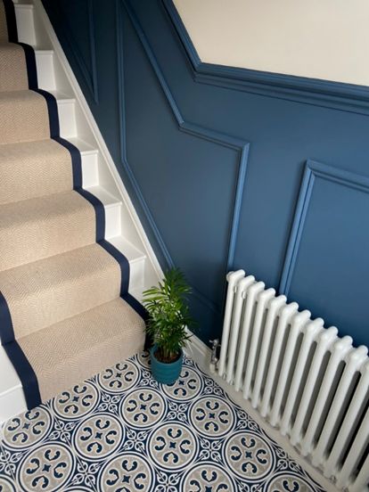 How to elevate your mood with blue interiors on Blue Monday - DAILY WAFFLE Slate Blue Paint, Hallway Decorating Ideas, Deep Blue Paint, Stairs And Hallway Ideas, Hallway Panelling, Blue Hallway, Stair Paneling, Hallway Makeover, Blue Interiors