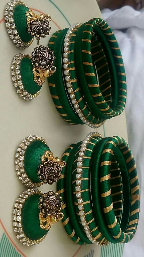 Silk thread bangles... To order plz WhatsApp on +91 9703713779 Tread Bangles, Silk Thread Earrings Designs, Green Bangles, Fabric Bangles, Silk Thread Bangles Design, Silk Bangles, Silk Thread Earrings, Earrings Diy Handmade, Thread Bangles Design