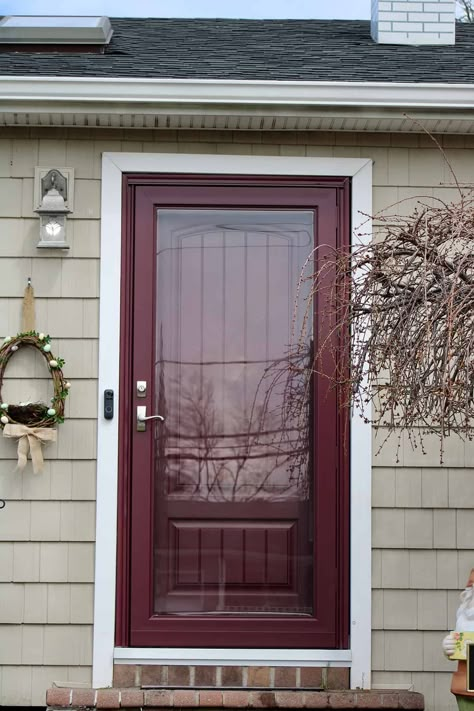 Front Door Storm Door Combo, Front Door With Matching Storm Door, Brown Storm Doors For Front Door, Storm Front Doors, Storm Door Color, Burgundy Storm Door, Screen Door Colors, Storm Door Color Ideas, Metal Storm Door Makeover