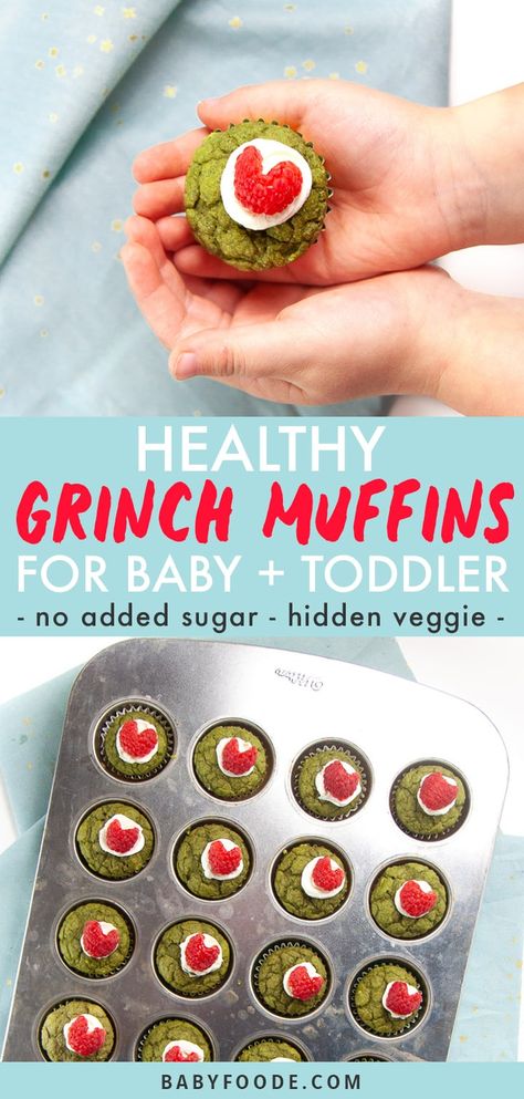 These Healthy Grinch Mini Muffins are the perfect holiday treat for baby and toddler! Made with no added sugar and packed with spinach - these muffins can be served for breakfast, lunch, snack or even a festive dessert! #baby #toddler #muffins #grinch #christmas Muffins For Baby, Toddler Muffins, Blw Recipes, Baby Muffins, Baby Breakfast, Toddler Recipes, Picky Toddler, Toddler Breakfast, Baby Food Pouch Recipes