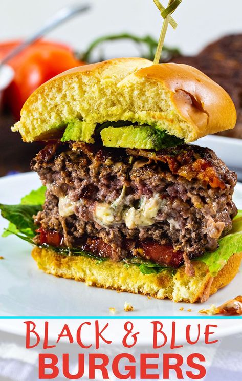 Black and Blue Burgers stuffed with blue cheese. Black And Bleu Burgers, Blue Cheese Stuffed Burgers, Black And Blue Burger Recipe, Stuffed Burger Recipes, Black And Blue Burger, Blue Burger, Blue Cheese Burger, Blue Steak, Gourmet Hamburgers