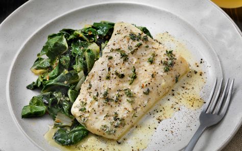 Butter-Poached Halibut with Chard