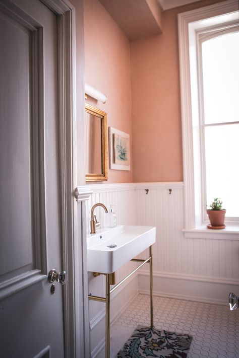 Pink Bathroom Wainscotting, Pink Limewash Bathroom, Pink Beadboard Bathroom, Pink Limewash, Pink Limewash Wall, Pink Wainscoting, Terracotta Walls, Limewash Walls, Beadboard Bathroom