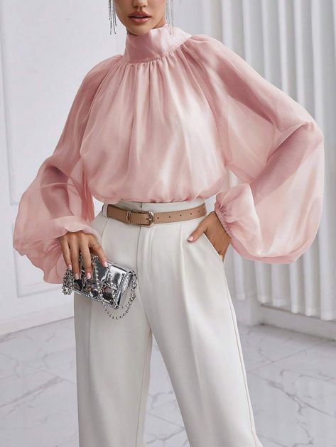 Dusty Pink Outfit, Dusty Pink Outfits, Puff Long Sleeve Top, Organza Dresses, Tie Neck Shirt, Puff Long Sleeves, Women Blouses, Lantern Sleeve, Christmas Fashion