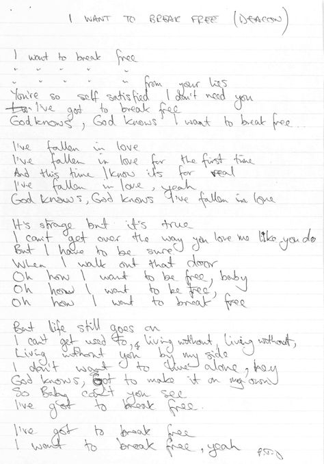 ᒍohn’s original lyrics for the song that was to become one of Queen’s biggest international hits — I Want To Break Free Original Lyrics, I Want To Break Free, Queen Lyrics, Roger Taylor Queen, A Night At The Opera, John Deacon, Favorite Lyrics, Queen Band, Facebook Covers