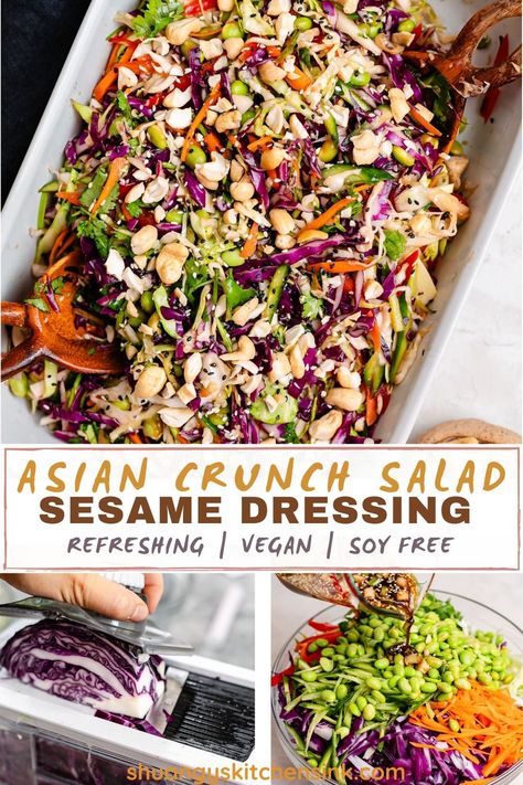 Are you craving a delicious and refreshing salad more than just lettuce and a dressing? You need to try this Asian Crunch salad with sesame ginger dressing. It is packed with flavors and textures. It is vibrant, light and satisfying at the same time. You can add your favorite protein on top and enjoy it as a healthy lunch or weeknight dinner. Sesame Crunch Salad In A Jar, Cashew Crunch Salad With Sesame Dressing, Crunchy Asian Salad Recipe, Asian Crunch Salad, Asian Crunchy Ramen Salad, Crunchy Asian Chicken Salad, Salad With Sesame Ginger Dressing, Sesame Ginger Dressing, Crunch Salad