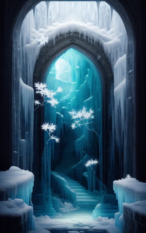 Ice Forest Fantasy Art, Ice Palace Fantasy Art, Ice Castle Fantasy Art, Ice Palace Aesthetic, Fantasy Ice Landscape, Ice Kingdom Fantasy Art, Ice Fantasy Art, Ice Temple, Ice Mage