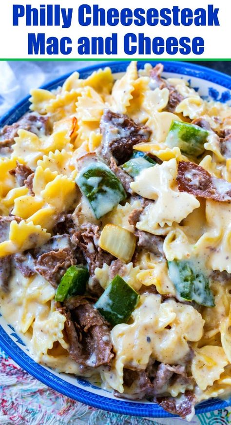 Philly Cheesesteak Mac and Cheese with steak, peppers, and onions. Steak Mac And Cheese, Steak Peppers And Onions, White American Cheese, Steak Peppers, Steak Dinner Sides, Frozen Steak, Philly Steak, Macaroni Cheese Recipes, I'm Fat