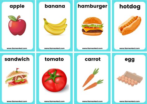 A collection of Printable ESL flashcards to teach countable and uncountable nouns in English.   Great for kids and beginner English language learners. Food Flash Cards Free Printable, Food Flashcards Free Printable, Nouns In English, Noun Games, Fruits Flashcards, Countable And Uncountable Nouns, Esl Flashcards, Food Flashcards, Lkg Worksheets