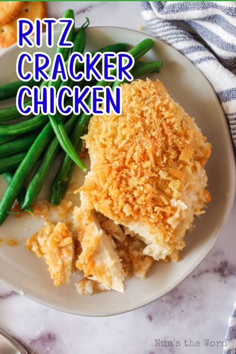 Ritz Cracker Chicken is a quick and easy weeknight dinner! It’s a delicious combination of buttery Ritz crackers, savory Parmesan cheese and tender, juicy chicken. #ritzcrackerchicken #ritzchicken #chickeninritzcrackers #ritzcrackerchickenrecipe #ritzchickenrecipe #bakedritzchicken #numstheword #easydinners #5ingredientrecipe Chicken Divan Recipe Easy, Ritz Cracker Chicken Casserole, Ritz Chicken, Ritz Cracker Chicken, Cracker Chicken, Chicken Divan, Ritz Cracker, Chicken Breast Recipes Easy, Tailgating Recipes