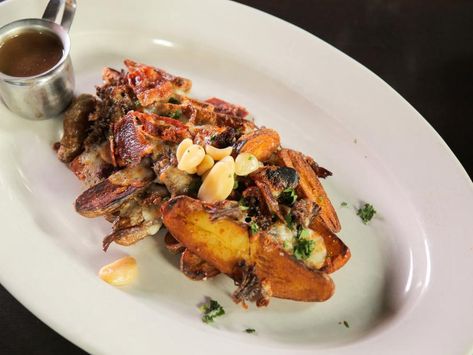 Fingerling Potato Poutine with Chile Braised Beef Recipe | Food Network Braised Beef Recipes, Beef Gravy, Fingerling Potatoes, Beef Chuck Roast, Potato Sides, Shredded Beef, Beef Chuck, Beef Recipe, Braised Beef