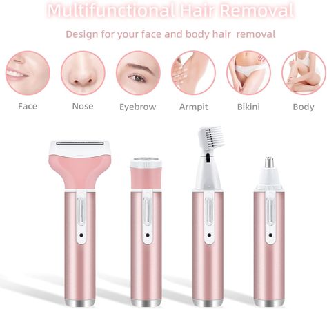 Mcbazel Cordless Electric Lady Shaver, Facial Epilators for Woman, 4 in 1 USB Rechargeable Hair Remover for Face & Body Hair Removal,Eyebrow Trimmer,Armpit, Bikini and Leg - Pink Hair Remover For Face, Eyebrow Trimmer, Basic Skin Care Routine, Body Hair Removal, Hair Remover, Body Hair, 4 In 1, Care Routine, Hair Removal