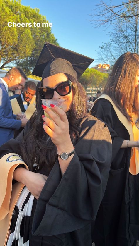 Brunette with graduation ceremony hat and robe holding a cup ofProsecco in golden hour Master’s Degree, First Class Honours Degree Aesthetic, First Class Degree Aesthetic, Master Degree Aesthetic, Masters Degree Aesthetic, First Class Honours Degree, Degree Aesthetic, Lawyer Bae, First Class Degree