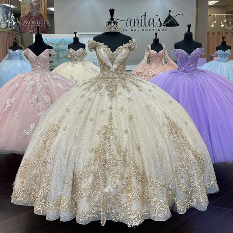 Anita’s Bridal on Instagram: “@morileequince FALL 2021 collection is available @anitasbridal ✨ 1038 Santee St LA CA 90015” Champagne Quinceanera Dress, White Quince Dress, Gold Sweet 16 Dresses, Gold Quince Dress, Champagne Quinceanera, Princess Quinceanera Dresses, Champagne Quinceanera Dresses, Ball Gown Gold, White Quinceanera Dresses