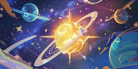 ↑↑↑ Larger size on website 🔸 The image depicts a whimsical, cartoonish depiction of a solar system. A large, glowing yellow sun w 🔸 From Midjourney AI Image Fantasy Solar System, Planets And Stars, Small Planet, Yellow Sun, The Planets, Purple Hues, Solar System, Large Size, Planets