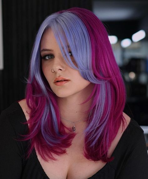 Pink Hair With Lowlights, Lunar Tides Cranbaby Hair, Pink Half And Half Hair, Video Hair Color, Blue And Pink Hair Dye, Pink Roots Purple Hair, Magenta Hair Aesthetic, Purple Hair With Pink Highlights, Magenta And Purple Hair