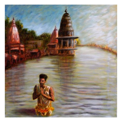 In Haridwar for the pilgrims, the day begins with a dip in the sacred river Ganges and suryanamaskar. Suryanamaskar at Haridwar (ART_8989_74196) - Handpainted Art Painting - 24in X 24in by Artist Uma Krishnamoorthy. Please click here to buy this painting https://www.fizdi.com/suryanamaskar-at-haridwar-art_8989_74196-handpainted-art-painting-24in-x-24in/ #fizdiofficial #pilgrim #ganga #river #india #haridwar #gangariver #travelgram #himalayas #uttrakhand #handmade #oilpainting Uttrakhand Art, Ganga River, The Pilgrims, Haridwar, Krishna Painting, Goddess Art, Varanasi, India Art, Canvas Art Painting