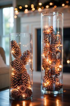 Christmas Pine Decorations, Vase Lights Centerpiece, Christmas Ideas Apartment, Xmas Decorations Table Centerpieces, Pinecone Lights Vase, Christmas Lights Wedding Decor, Glass Table Christmas Decor, Christmas House Party Decorations, Christmas Glass Decor