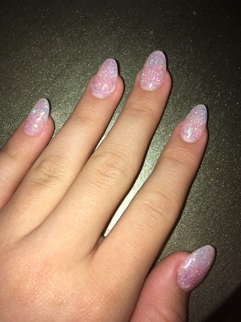 Light pink sparkly nails! Nails To Match Pink Prom Dress, Pink Gliterry Nails Short, Light Pink Sparkly Nails Acrylic, Light Pink Nails With Shimmer, Pink New Years Nails Glitter, Cute Pink Sparkly Nails, Glitter Light Pink Nails, Sparkly Sns Nails, Pink Iredesant Nails