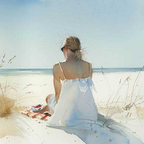 Discover the serene elegance of our latest watercolour painting, featuring a woman in a white dress enjoying a tranquil picnic on a beach. With muted pastel hues, this artwork beautifully captures the peaceful charm of sand dunes under a clear sky. Perfect for adding a touch of calm and relaxation to any space, this piece is a must-have for those who appreciate serene beauty. 🌊🎨 #ArtGallery #WatercolorPainting #BeachLife #HomeDecor #CalmAndRelaxation #PastelArt #PicnicOnTheBeach #EtsyArt #Ser... Tranquil Artwork, Luxury Inspiration, Acrylic Art Projects, Beach Illustration, Watercolor Architecture, White Artwork, Clear Sky, Pastel Colours, Etsy Art