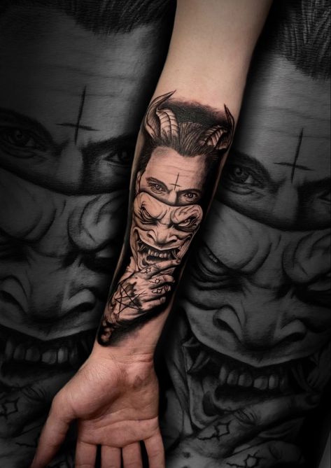 Demonic Forearm Tattoo, Angel Demon Tattoo Design, Devil Sleeve Tattoo, Lucifer Angel Tattoo, Devil Tattoo Demons, Demonic Tattoo Designs, Devil Tattoo Men, Demon Art Tattoo, Lucifer Eyes Tattoo