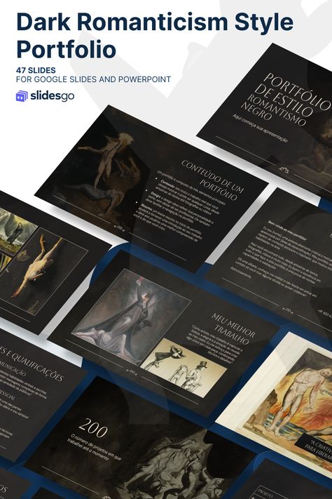 Dark Romanticism Style Portfolio Dark Academia Slides Template, Dark Romanticism, Nature Scrapbook, Google Themes, Dark Modern, Proposal Design, Portfolio Presentation, Business Portfolio, Dark Romantic