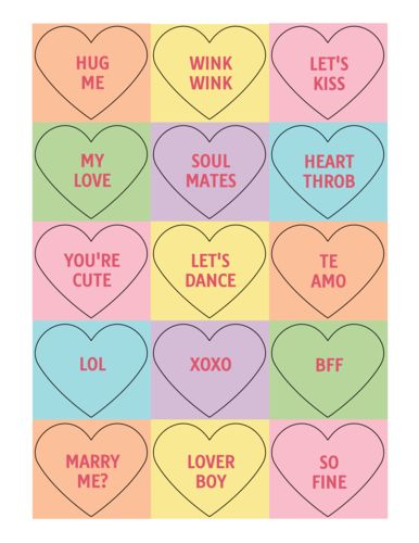 Create your own candy heart sayings with this free label template. Design features loving sayings for Valentine's Day and more. Candy Template, Heart Sayings, Valentines Day Post, Free Label Templates, Candy Quotes, Valentine Candy Hearts, Love Heart Sweets, Valentine's Day Printables, Valentines Printables Free