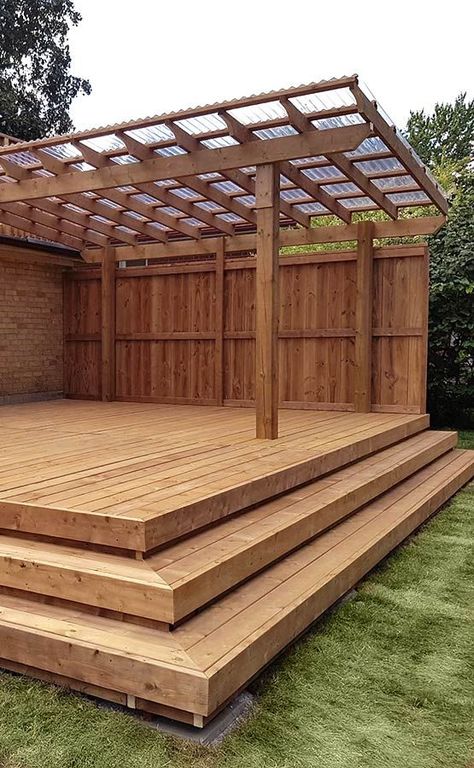 Wood Porches And Decks, Unattached Deck Ideas, Wooden Backyard Patio, Outdoor Wooden Deck Ideas, Pergola On Wood Deck, Low Deck Designs With Pergola, Patio Wood Deck, Wooden Back Porch Ideas Decks, Freestanding Deck Ideas