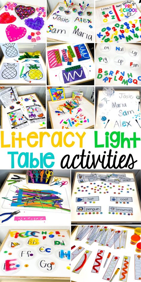 Literacy Light Table Ideas for Preschool, Pre-k, & Kindergarten 32 Literacy Ideas Eyfs, Literacy Table Top Activities, Pre K Art Center Ideas, Early Literacy Activities Preschool, Preschool Experiences, Preschool Literacy Activities, Kindergarten Invitations, Preschool Stations, Light Table Ideas