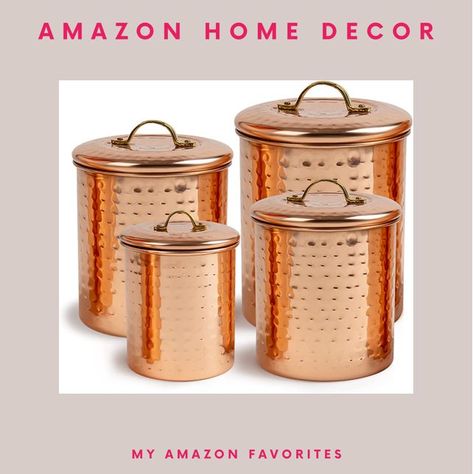 Amazon Kitchen Home Decor: nu steel (Set of 4) Air Tight Copper Plated Antique Food Canister & Caddy - Stainless Steel & Copper: 1, 1.5, 2, & 4 Quart Hostess Gift, Gifts for Mom, Gifts for Her, Gifts for Mother in Law, Gifts for Co-Worker, Kitchen Gifts Ceramic Kitchen Canister Sets, Ceramic Kitchen Canisters, Food Canisters, How To Polish Copper, Kitchen Jars, Rustic Ceramics, Kitchen Home Decor, Amazon Home Decor, Glass Canisters