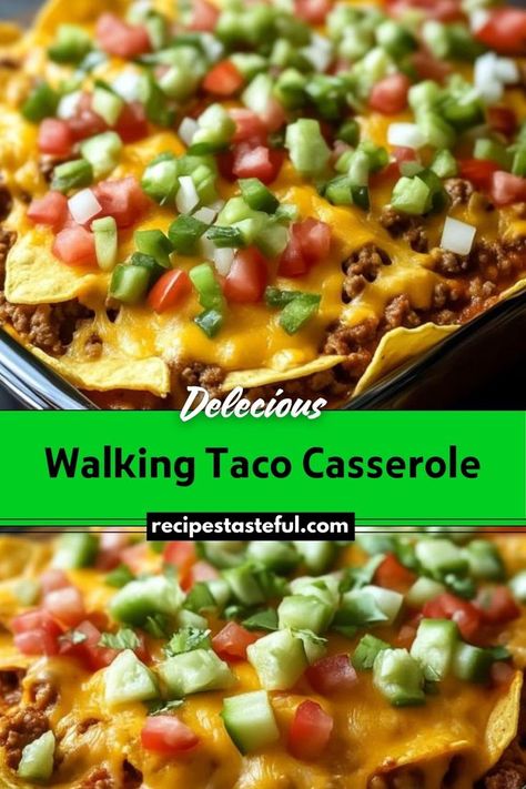 A hearty and flavorful casserole combining seasoned ground beef, Fritos corn chips, and melted cheese, topped with fresh lettuce, tomatoes, salsa, and sour cream. Walking Taco Casserole, Cream Cheese Enchiladas, Fritos Corn Chips, Walking Taco, Cheese Alternative, Walking Tacos, Canned Green Chilies, Quick Food, Spicy Salsa