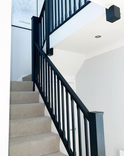 Black Staircase Banisters, Railings Stairs Farrow And Ball, Farrow And Ball Bannister, Black Painted Banister Stairways, White Hall Black Banister, White Stairs Black Banister, Grey Stairs Black Railing, Frenchic Blackjack Stairs, All Black Banister