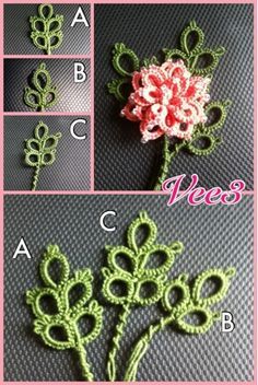 Leaf Tatting - Vinnie's tattings: Tatting Day   "...using Single Shuttle Split Rings. All three are done differently, going up then down, or going up and up ..." Tatted Flowers, Needle Tatting Tutorial, Crochet Tatting, Needle Tatting Patterns, Shuttle Tatting Patterns, Tatting Tutorial, Lucet, Crochet Jewelry Patterns, Crocheted Flowers