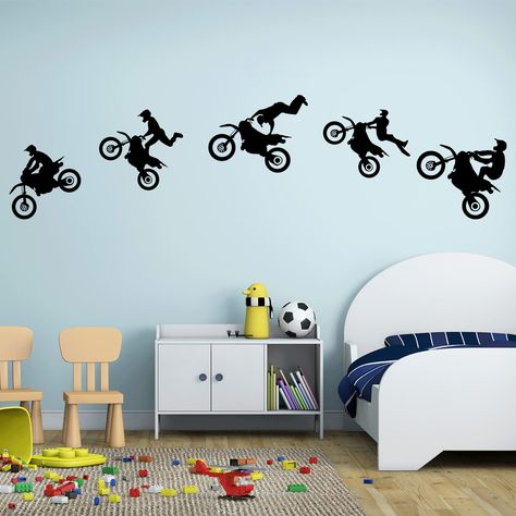 Dirt Bike Nursery Baby Boy, Motocross Bedroom Ideas, Motocross Boys Room, Motorcycle Room, Dirt Bike Decor, Motocross Bedroom, Racing Room, Dirt Bike Room, Motocross Stickers