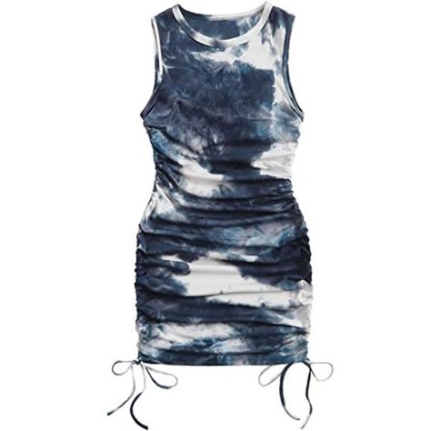 Women's Drawstring Tie Dresses Dark Blue Tie Dye Dark Blue Tie Dye, Dresses Dark Blue, Fitted Knee Length Dress, Dark Blue Tie, Black Sleeveless Shirt, Tie Dresses, Ruffle Bottom Dress, Tye Dye Dress, Cage Dress