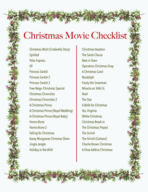 Christmas movie check list for the holiday season so you dont miss out on any holiday classics! Christmas Classic Movies, Holiday Movie List, Christmas Watch List, Christmas Movie Checklist, Movie Checklist, Winter Movies, Christmas Movies List, Christmas Checklist, Movie Lists