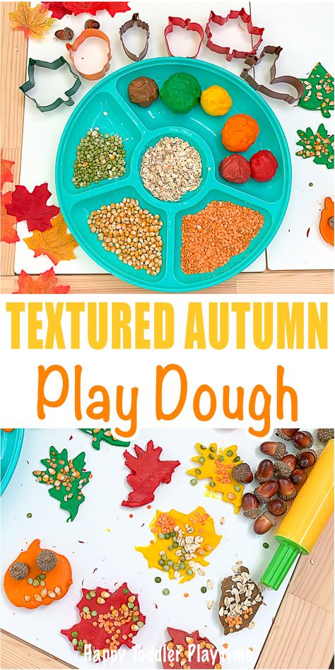 Textured Autumn Play Dough - HAPPY TODDLER PLAYTIME Set up this fun textured Autumn play dough invitation for your toddler or preschooler to explore the textures and colours of Fall! #playdough #sensory #fallactivities Fall Playdough, Play Dough Invitation, Playdough Sensory, Fall Sensory Bin, Fall Activities For Toddlers, Fall Preschool Activities, Playdough Activities, Fall Arts And Crafts, Autumn Activities For Kids