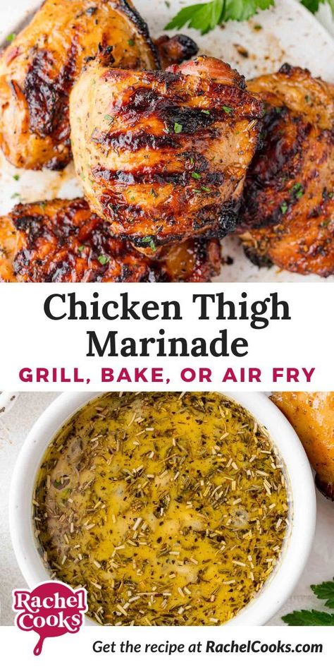 Chicken thighs never tasted so good! This easy chicken thigh marinade has a sweet-and-tangy base, plenty of garlic, and dried herbs to create the BEST marinade for chicken thighs. 3 Different ways: grilled, baked, or air fry! Easy Chicken Thigh Marinade, Marinade For Chicken Thighs, Chicken Thigh Grill Recipes, Best Marinade For Chicken, Grilled Chicken Side Dishes, Grilled Chicken Thighs Marinade, Grilled Chicken Sides, Baked Chicken Marinade, Honey Mustard Chicken Marinade