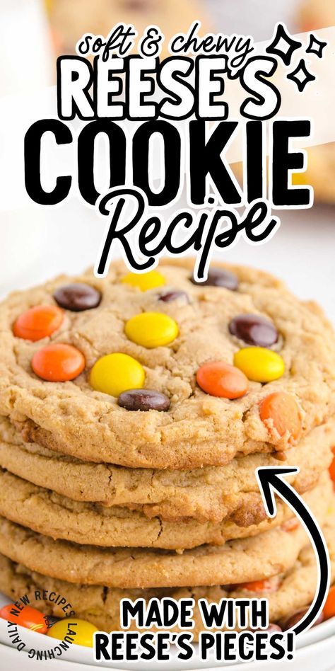 Reese’s cookies are deliciously soft and chewy. They’re flavored with peanut butter and filled with crunchy Reese’s Pieces candies. Reeses Cookies Recipes, Reese's Cookies, Reese's Pieces Cookies, Reeses Cookies, Soft Cookie Recipe, Soft Peanut Butter Cookies, Cookie Recipes Chewy, S Cookies, The Best Cookies