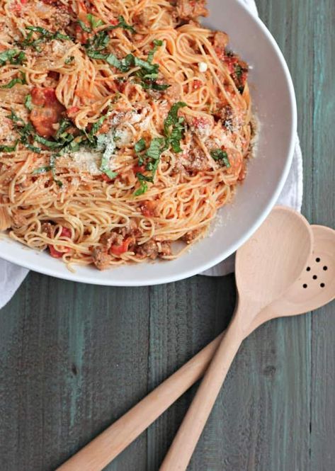 Angel Hair Pasta with Sausage, and Tomato Cream Sauce Angel Hair Pasta Recipes, Sauce Video, Pasta Ideas, Tomato Cream Sauce, Pasta With Sausage, Italian Sausage Recipes, Angel Hair Pasta, Creamy Tomato Sauce, Supper Recipes