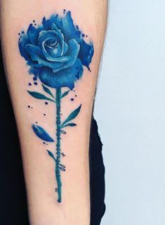 Blue Watercolor Rose Tattoo Blue And Red Rose Tattoo, Blue Rose Neck Tattoo, Blue Rose Cover Up Tattoo, Tattoo Blue Rose, Blue And Pink Rose Tattoo, Blue Rose Tattoo Meaning, Blue Flower Tattoos, Watercolor Rose Tattoos, Blue Rose Tattoos