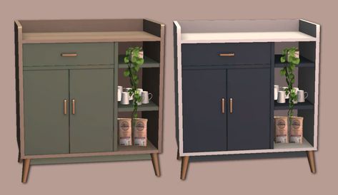 This is a 4to2 conversion from Chicklet. It’s the cabinet I used for the Smoothies Cabinet but without blender and fruits. It has 10 colors (you can see some of them in the smoothies post) but this time it has also 2 different subsets so you can combine more colors for more decor options (like you see in the pic). Less than 2k poly. You wil find it in the counter section but will work like a small table. Modern Coffee Bar, Sim4 Cc, Sims Memes, Sims Furniture, Cc Packs, Coffee Bar Cabinet, Green Sink, Sims Packs, Sims 4 Anime