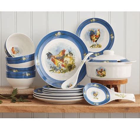 12-Piece Rooster Dinnerware and 4-Piece Serving Set, Blue - Search Shopping Chicken Plating, Country Door, Serving Set, Classic Elegant, Dinner Table, Rooster, Dinnerware, Home Kitchens, Floral Design